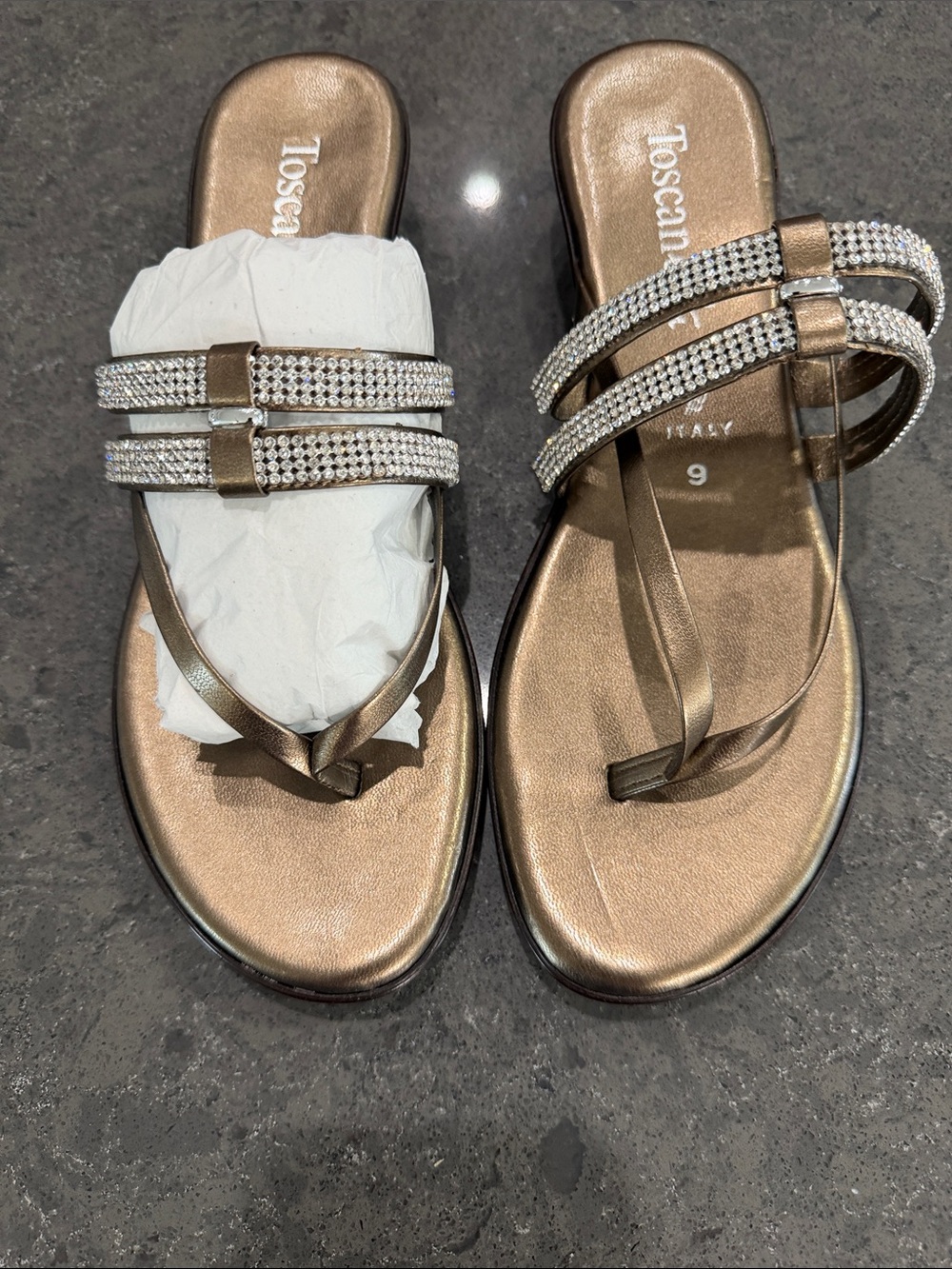 Toscanella Bronze Rhinestone Double-Strap Slide Sandals NWOT size 9